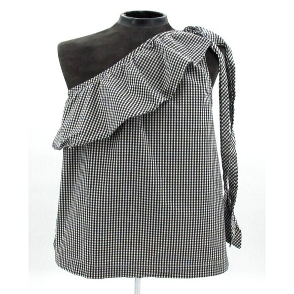 Vineyard Vines Blouse Womens 12 Plaid Stretch Seersucker Ruffle One Shoulder Tie - Picture 12 of 13